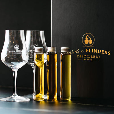 Bass & Flinders Distillery Distillers Selection brandy gift pack with three brandy samples and two brandy tasting glasses