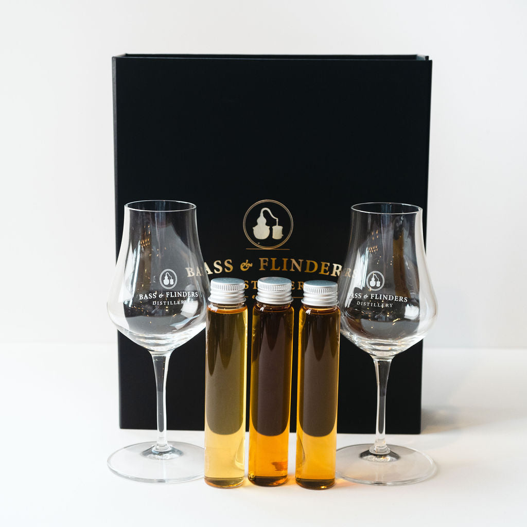 Bass & Flinders Distillery Distillers Selection brandy gift pack with three brandy samples and two brandy tasting glasses