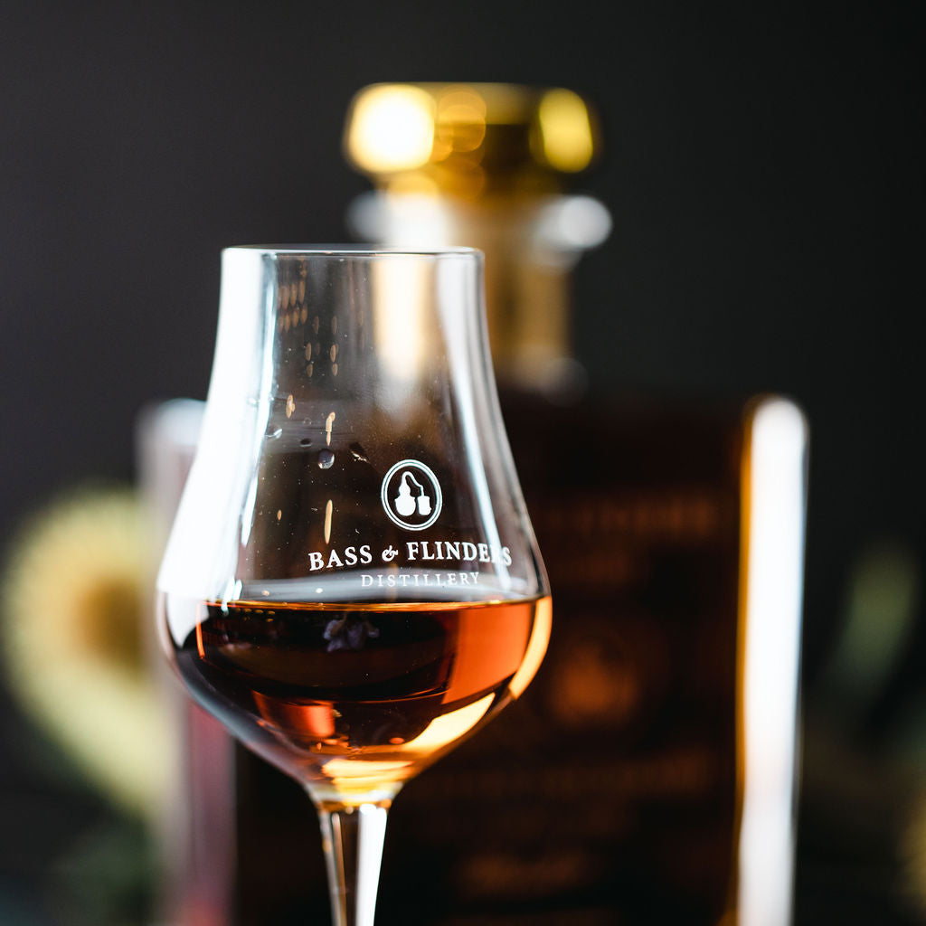 Golden Bass Flinders Distillery XO premium brandy in brandy tasting glass