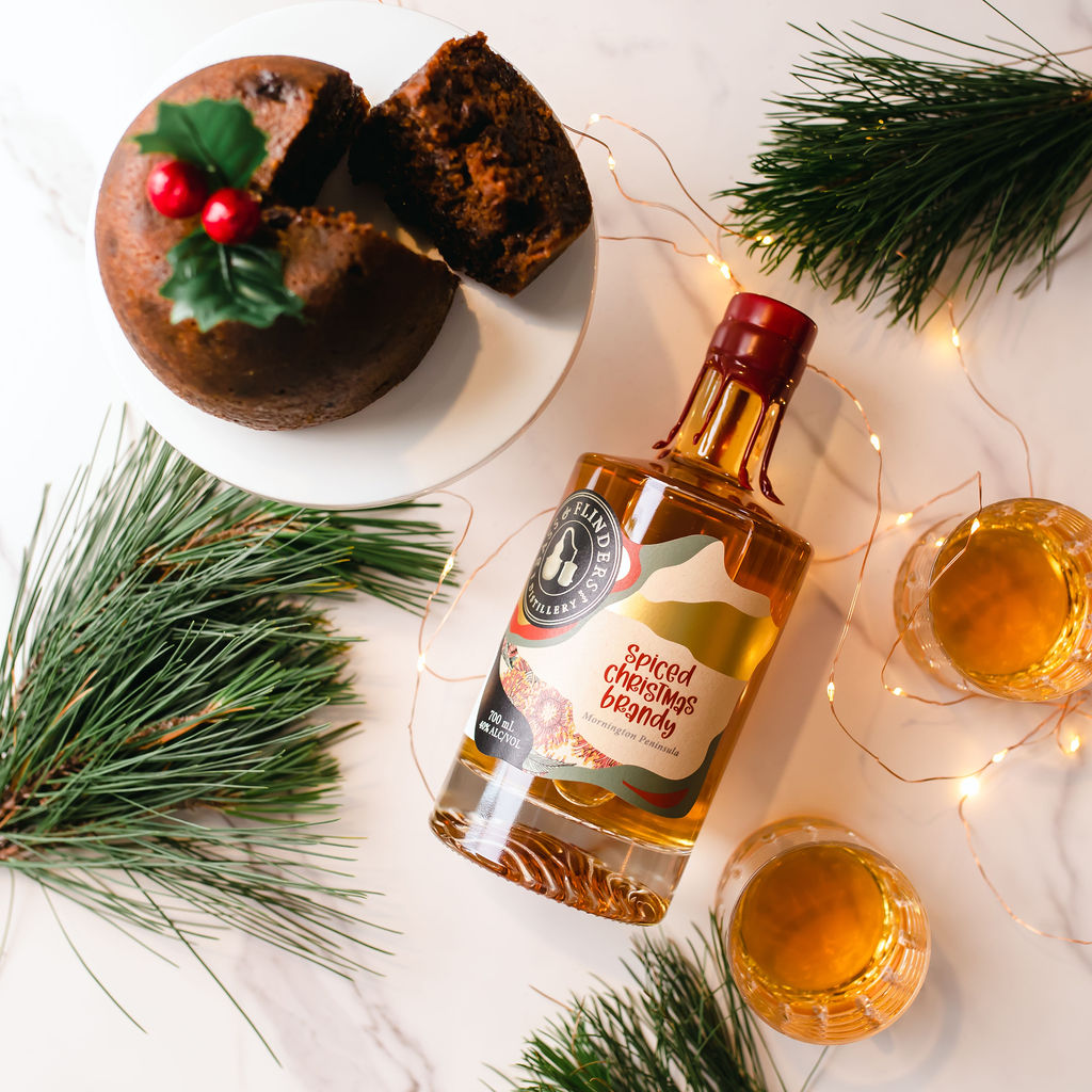 Bass & Flinders Distillery Spiced Christmas Brandy with xmas pudding and brandy tumblers