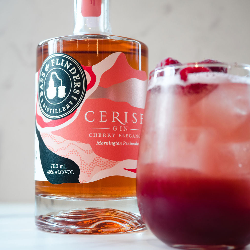 bass flinders distillery cerise gin beside cherry spritz cocktail